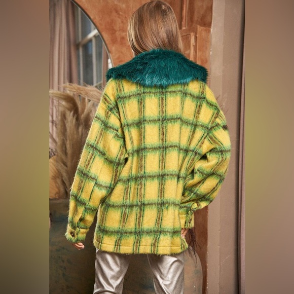 🔵 145B. Fuzzy Multi Plaid Button Front Jacket - Yellow/Green - Picture 4 of 6